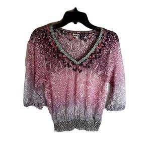 Anthropologie Akemi + Kin Embroidered‎ Arembepe Ombre Mesh V-Neck Blouse Size XS